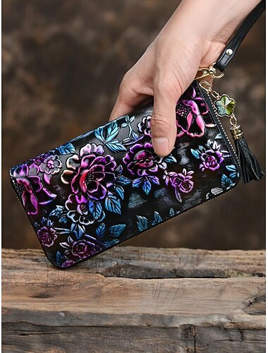  Kvinders pung i ægte læder – stor kapacitet med blomsterdesign, lynlåslukning, kortrum og lommer til kontanter – perfekt til hverdagsbrug og særlige lejligheder