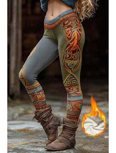  Női Viking Boho Polárbéléses Leggings Leggings Nyaralás Vintage Etnikai Stílus Teljes Hosszú Magas Derék Grafikus Geometriai Minta Absztrakt 3D Nyomtatás Thermális Meleg Szélálló Kényelmes Rugalmas