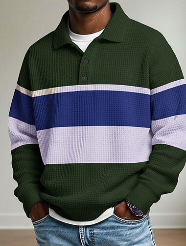  Férfi Vízszintes csíkok Gofris pólóingek Rugby Polo Hosszú ujj Pólóingek Galléros ingek Alkalmi Sportruházat Hétköznapi viselet Gombok Tavasz Ősz Tél Medence Fekete Rubin