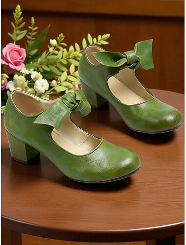  Damskie półbuty typu „marynarki jane” z lat 50. XX wieku, w stylu vintage, ze skóry ekologicznej w kolorze zielonym, z ozdobnymi kokardkami – elegancki styl retro, idealny na imprezy w stylu