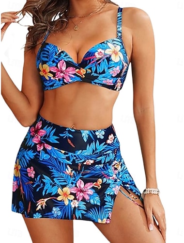  Maillot de bain 2 pièces bikini femme ruché avec jupe maillot de bain en palmier ajusté sans dos vacances plage floral col en V sans manches