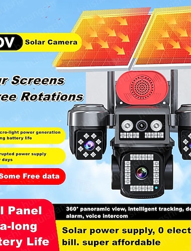  Caméra de sécurité solaire 8 MP à 3 objectifs, double panneau solaire, étanche, vision nocturne et détection de mouvement, pour une utilisation extérieure. &audio bidirectionnel