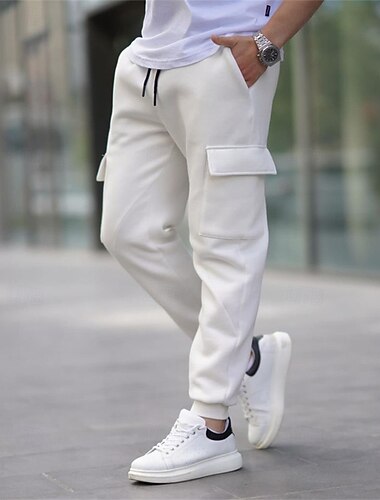  Homens Calça de moletom cargo Calças Esportivas Calças de lã Corredor Calças Com Cordão Bolsos Cintura elástica Tecido Conforto Quente Ao ar livre Diário Para Noite Moda Casual Preto Branco
