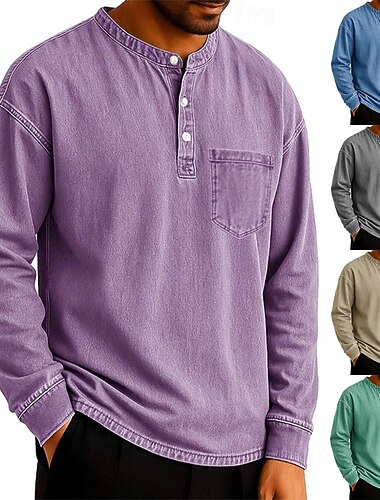 Herren Henley Hemd T-Shirt Langarm Einfach Vintage Retro Vintage Lässig Vintage-Stil Gewaschen Henley Lässig Frühling Herbst Ganzjahres Schwarz Grau Hellblau Henley T-Shirt