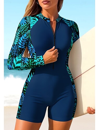  Damen Regulär Anti UV Shirt Einteiliger Surfanzug Badeanzug Blumen Tropisch Farbblockierung Reißverschluss mit integriertem BH Herausnehmbare Polsterung UV-Sonnenschutz UPF50+ Ultraleicht (UL) Langarm