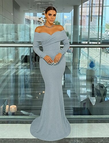  Robe de soirée sirène  trompette en tissu lurex extensible robe formelle élégante mariage formel traîne balai manches longues épaules dénudées avec plis scintillants