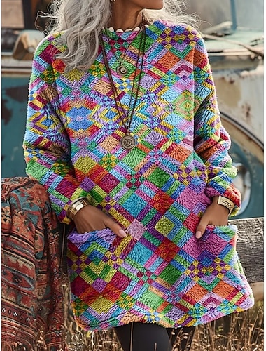  Γυναικεία Φούτερ πουλόβερ Με Κουκούλα Γραφική Γεωμετρικό Μοντέρνα Καθημερινό Μακρυμάνικο Στρογγυλή Ψηλή Λαιμόκοψη Μακριές μπλούζες Δρόμος Καθημερινή Ένδυση Causal Στάμπα Θαλασσί Βυσσινί