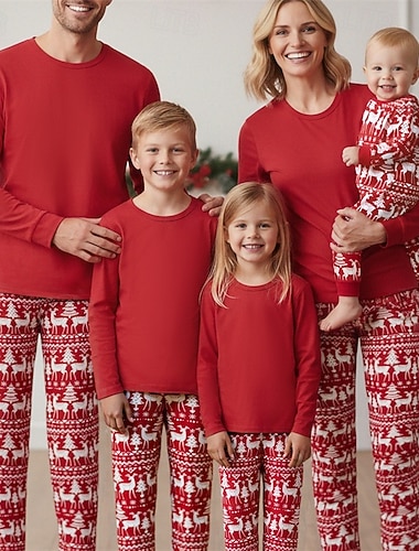  Familie Weihnachten Weihnachtspyjama für die Familie Weihnachtsfamilie Schlafanzug Grafik Weihnachtsbaum Hirsch Weihnachtsgeschenke Druck Rote Langarm Urlaub Passende Outfits