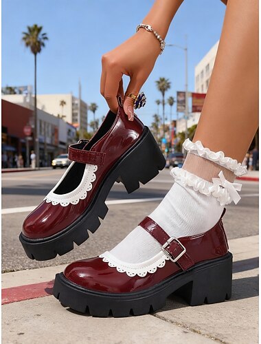  حذاء ماري جين أبيض للنساء بكعب سميك وتفاصيل صدفية سوداء - حذاء مريح للنزهات غير الرسمية والارتداء اليومي