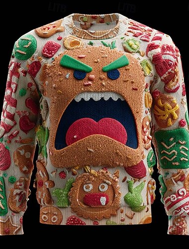  Suéter de Natal feio Homens Desenho Animado Gingerbread Men Pulôver suéter Roupa de Malha Crewneck Casual Férias Diário Festival Imprimir Mantenha Quente Manga Longa Primavera Outono Inverno Branco