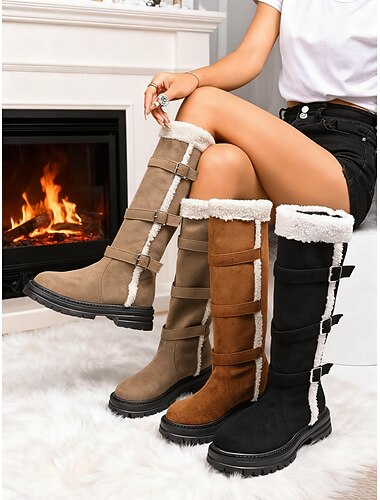 女性用ブラウンファー裏地ニーハイブーツ - バックルストラップ付き冬用スノーブーツ、寒い季節に暖かいアウトドアシューズ