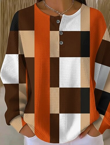  Dames Gestructureerde jassen Knop Grafisch Ruitjes Elegant Vintage Klassiek Lange mouw Strakke ronde hals Normale tops Casual Huis Werk blauw Blozend Roze Rood Oranje Groen Lente Herfst Winter