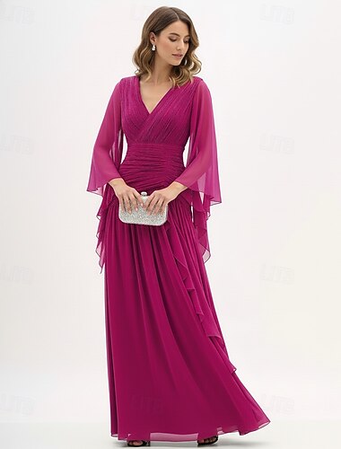  Bryllupsdresses A-Line V Utsnitt Lang Sleeve Gulvlengde Chiffon Brudekjoler Med Rynkedetaljer