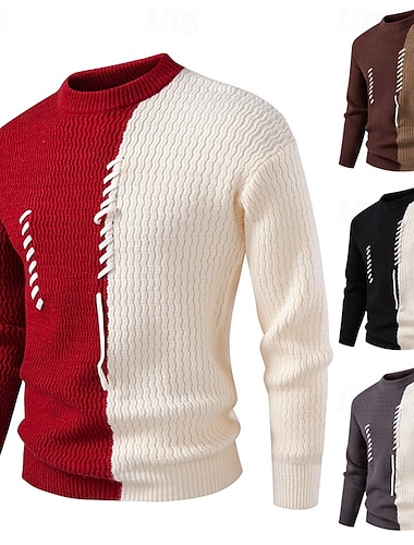  Herren Pullover Distressed Sweater Gerippt Stricken Normale Oberteile Patchwork Farbblock Einfach Rundhalsausschnitt Strickware Zeitgenössisch Lässig Alltagskleidung Bekleidung Herbst Winter Schwarz