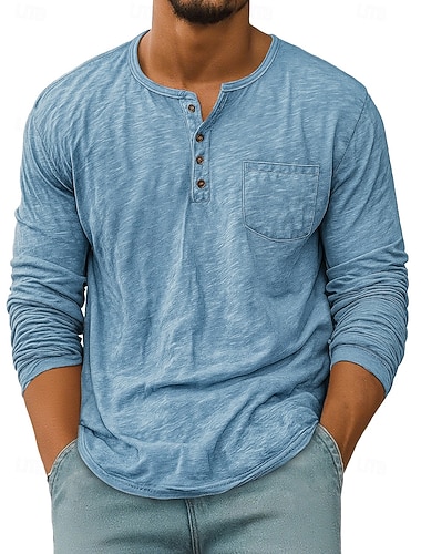  Herren T Shirt Henley Hemd T-Shirt Langarmshirt Langarm Henley Frühling Herbst Einfach Mode Designer Basic Taschen Urlaub Straße Ausgehen Schwarz Weiß Rote Top T-Shirt für Herren