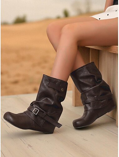  Middeleeuws geïnspireerde bruine enkellaarsjes van imitatieleer voor dames - gespontwerp, comfortabele sleehak, trendy casual schoenen voor retrofeestjes, herfst en winter