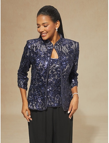  Mulheres Blusa Roupas de 2 peças Tops elegantes Paetês Bordado Floral Elegante Manga 3/4 Colarinho Mandarim Tops regulares Festa de Noite Azul Marinha Primavera Outono Inverno