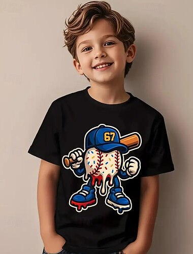  Katoen Kinderen Jongens Zwart Grafisch Grappige Slang 67 T-shirt Blouse Strakke ronde hals Korte mouw Buiten Dagelijks gebruik Modieus Streetwear Ontwerper Opdrukken Zomer