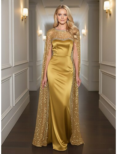  Havfrue Linjeform Gulvlengde Ballkjole med kappe Kveldskjoler Formell kjole Elegant Glitrende Ermeløs Øsehals Bryllup Formell Sateng Paljetter med Glimmer Krystalldetaljer