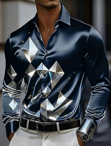  Herren Geometrisch Karo / Karomuster Glas Hemd Satinhemd Kleidhemd Langarm Business-Casual Urlaub Alltagskleidung Sommer Frühling Herbst Umlegekragen 3D-Druck Hemden mit Knopfleiste Dunkelrot