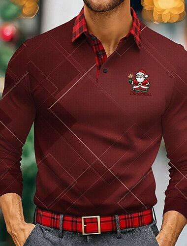  عيد الميلاد المجيد رجالي بابا نويل بولو ستايل كم طويل قمصان البولو Lapel كاجوال الأماكن المفتوحة مناسب للبس اليومي ملابس المهرجان طباعة ثلاثية الأبعاد Buttons الربيع الخريف الشتاء أسود أبيض أحمر