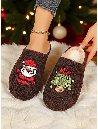  Γυναικείες μαύρες χριστουγεννιάτικες χνουδωτές παντόφλες με κέντημα Άγιου Βασίλη και δέντρου – απαλά ζεστά παπούτσια εσωτερικού χώρου, ζεστά χειμωνιάτικα ρούχα για το σπίτι, ιδέα για δώρο διακοπών