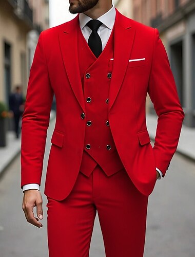  Муж. Блейзер + жилет + брюки Блейзер Костюмы Бизнес Коктейльная вечеринка Свадебные прием 3 предмета Мода На каждый день Весна Осень Полиэстер Полотняное плетение Карман Пуговицы Удобный