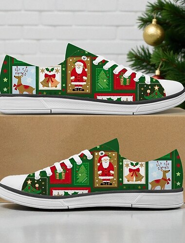  Damesneakers med julemandsprint i lærred - søde, afslappede snøresko med komfortgummisål til vinterudflugter, julefester, gavegivning og hverdagsbrug
