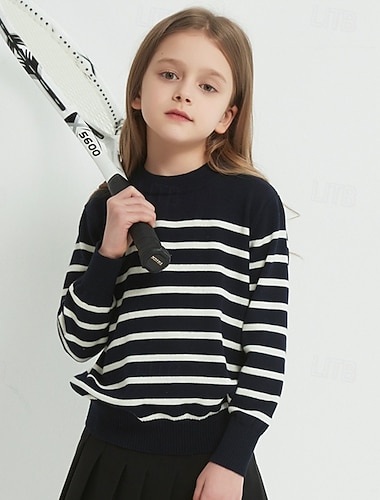  Gyerekek Lány Pulóver pulóver Csík Szabadtéri Hosszú ujj Crewneck Divat 4-12 év Ősz Sötétkék Bézs