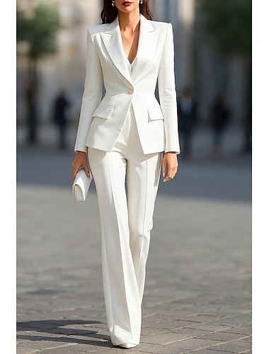  Dames 2-delige pakken Broekpakken Formeel Bruiloft gast Stretch crêpe Elegant Eenvoudig Casual Lange mouw Tot de grond Tot de enkel Punt Voorkant met knopen