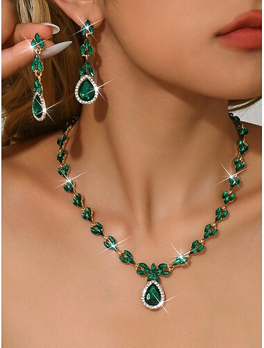  Set colier și cercei cu cristale roșii în formă de lacrimă pentru femei - bijuterii elegante cu strasuri aurii pentru petreceri, nunți &evenimente de seară