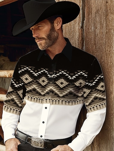  Homme Aztèque Ethnique Culture indienne Chemise Chemise Western Chemise de cow-boy manche longue Vintage Rétro Occasionnel Extérieur Vêtements de travail Printemps Automne Col Rabattu Deux poches