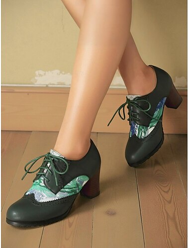  Grønne oxfordhæler til dame med brogue-detaljer og paljettmønster, vintage 1950-tallsstil, perfekt for kontorbruk, teselskaper og retro-sammenkomster
