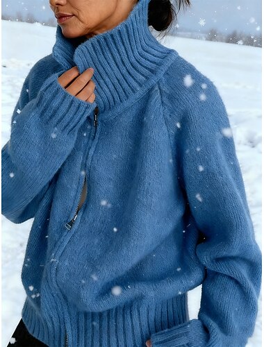  Damen Pullover Vintage Täglich Rollkragen Öffnung vorne Reißverschluss Gestrickt Langarm Normale Oberteile Stricken Täglich Weiß Marineblau Herbst Winter