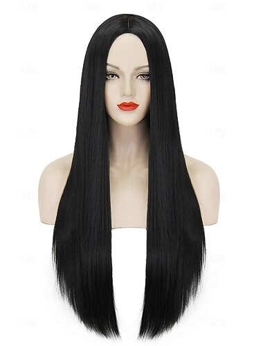  lunghe parrucche nere per le donne parrucca lunga 27'' di capelli neri lisci parrucche carine naturali per la festa quotidiana di Halloween con berretto per parrucca