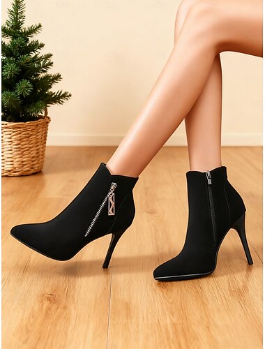  Stiefeletten aus Wildleder für Damen mit hohem Absatz und seitlichem Reißverschluss – schicke, spitz zulaufende Stiefeletten für Partys und Clubbesuche. &Abendgarderobe