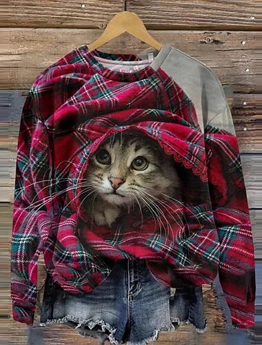  Damen Pullover Sweatshirt Patchwork Grafik Tiermotiv Lässig Langarm Rundhals Normale Oberteile Lässig Straße Alltagskleidung Gelb Wein Beige Herbst Winter