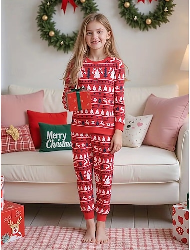  Navidad Chica 3D Graphic Cada Árbol de Navidad Pijamas de Navidad regalo de Navidad Conjuntos de pijamas Manga Larga Impresión 3D Otoño Invierno Activo Básico Niños 4 años + Cuello Barco Hogar Diario