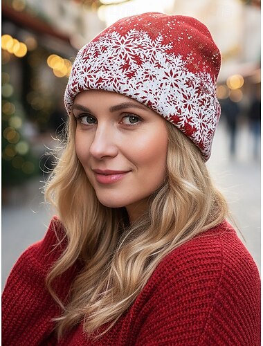  Gorro de punto navideño para mujer, de poliéster, con diseños festivos de copos de nieve y árboles; ideal para fiestas y celebraciones navideñas de invierno.