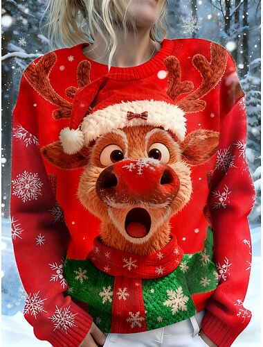  Рождественский женский свитер, милый, повседневный, с рисунком лося, с круглым вырезом, в стиле пэчворк, с длинным рукавом, обычный, с топами, вязаный, для рождественской вечеринки, праздника,