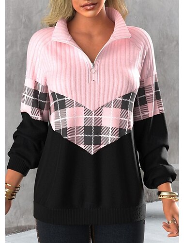  Per donna Felpa Pullover Plaid Elegante Attivo Carino Manica Lunga Collo Alto Top Regolari Casa Lavoro Abbigliamento Quotidiano Mezza cerniera Rosa Primavera Autunno Inverno