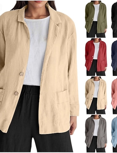  Dámská bavlněná lněná bunda ležérní pohodlná prodyšná s knoflíky elegantní denní jednoduchá retro hladká ležérní pravidelný zářez klopy volný střih s dlouhým rukávem svrchní oblečení černá olivově