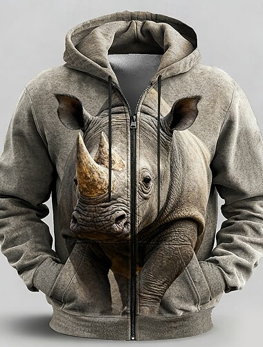  Voor heren Uil Rhinocero Trui met capuchon Jack Sweatshirt Fantasie All-over print Lange mouw Rits Streetwear Vakantie Uitgaan Bruin Grijs Vetoketju Herfst Winter Ontwerper S M L XL XXL XXXL