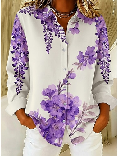  בגדי ריקוד נשים חולצה פרחוני מסוגנן יום יומי שרוול ארוך צווארון חולצה חולצות רגילות יומי כפתורים דפוס לבן ורוד מסמיק אביב סתיו חורף
