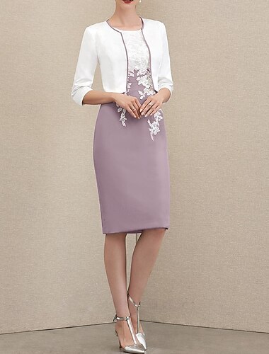  Set abito a due pezzi a tubino madre della sposa abito da cerimonia per gli ospiti di matrimonio scollatura gioiello lunghezza al ginocchio in chiffon pizzo raso giacca a maniche 3/4 con applicazioni