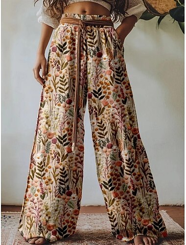  Naisten Leveä reisi Loma Vintage Etninen tyyli Täyspitkä Korka vyötärö Kukka Kuvitettu Joustamaton Loma Muodollinen Katu Tumman ruskea riisin valkoinen Valkoinen Kesä Kevät Loose Fit