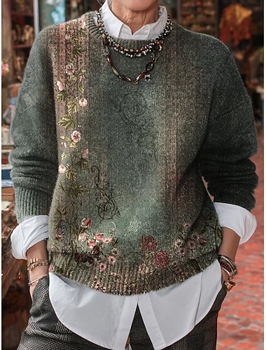  Dames Trui Dagelijks Casual Bloemig Grafisch Geribd Strakke ronde hals Gebreid Afdrukken Lange mouw Normale tops breien Buiten Weekend Groen Herfst Winter