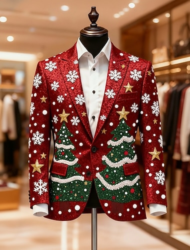  Noël Homme Arbre de Noël Motif de flocon de neige Veste blazer Manteau Confortable Artistique Occasionnel Tenue de soirée Quotidien Festival Impression 3D Boutons Automne & Hiver Cranté manche longue