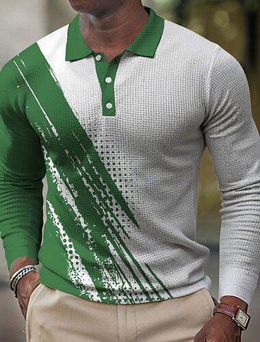 Herren Farbblock Geometrisch Waffel-Poloshirts Langarm Polo-Shirts Hemden mit Kragen Lässig Alltagskleidung Knöpfe Frühling Herbst Winter Blau Rote Grün