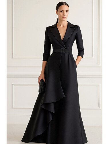  Dames Smokingjurk A-lijn Bruiloft Formeel Bruiloft gast Satijn Elegant 3/4 Mouw Tot de grond Revers Rits